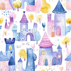 Poster - Whimsical Watercolor Castle Pattern for Children's Design and Fantasy Themed Projects
