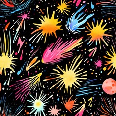 Poster - Playful Space Exploration: A Vibrant Watercolor Pattern of Celestial Wonders and Whimsical Stars
