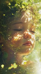 Aufkleber - Young child's face adorned with lush green foliage, bathed in radiant sunlight, symbolizing purity and connection with nature.