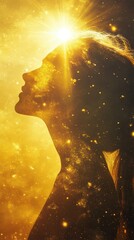 Poster - Radiant Woman Silhouette Aglow with Golden Light and Celestial Sparkles, Divine Feminine Energy and Spiritual Awakening