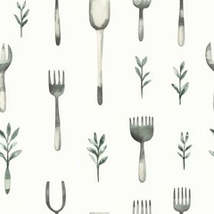 Poster - Watercolor Kitchen Utensils and Greenery Pattern for Food-Related Design