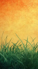 Poster - Sunny Emerald Grass Painting: Abstract Texture, Vivid Green Blades against a Warm Yellow and Orange Backdrop, Artistic Wall Decor