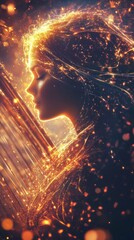Aufkleber - Ethereal Beauty: Woman Bathed in Golden Light and Sparkling Energy for Fantasy or Spiritual Themes