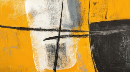Aufkleber - Abstract muted ochre and gray brush strokes intersect with black lines on textured canvas