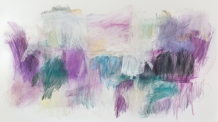 Aufkleber - Abstract pencil strokes composition with frayed, textured lines and shades of purple, green, and white