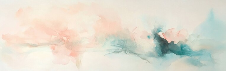 Poster - Ethereal watercolor composition in pastel pink and teal tones, creating a soft and dreamy abstract landscape with subtle gradients