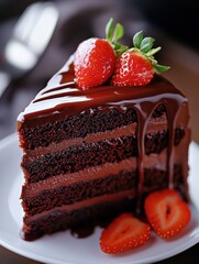 Poster - Decadent Chocolate Cake Slice with Rich Ganache and Fresh Strawberries