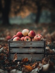 Poster - Wooden Crate Overflowing with Fresh Apples Surrounded by Fallen Autumn Leaves