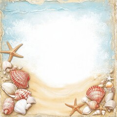Poster - Illustration of a beach scene border with seashells, starfish, and sand, creating a decorative frame for text or images