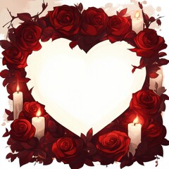 Poster - Romantic Border with Red Roses and Candles Surrounding a Heart-Shaped Copy Space for Valentine's Day Designs