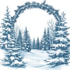 Fototapete - Snowy Winter Forest Scene with Evergreen Trees and Natural Archway of Branches