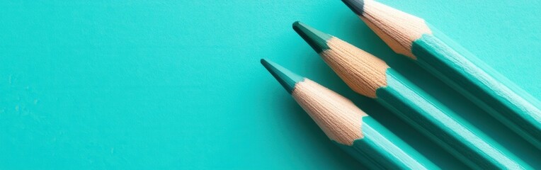 Poster - Close-up of teal-colored pencils with sharpened tips on a solid matching teal background