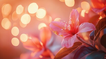 Aufkleber - Radiant coral and sunset orange hues with delicate blossoms amidst a dreamy bokeh backdrop
