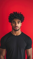 Poster - Striking portrait of a handsome young man with afro hair in a black t-shirt against a vibrant red backdrop