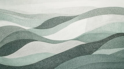 Poster - Smooth pencil strokes depict rolling hills in muted mint and gray, creating a peaceful, organic background texture.