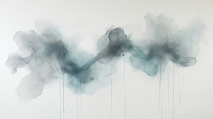 Leinwandbilder - Delicate abstract art piece features flowing soft pencil strokes with gentle drips in pastel gray and teal on a clean white background