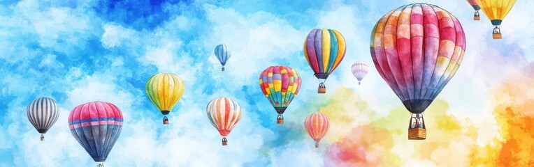 Poster - Watercolor painting of hot air balloons floating through a blue sky with clouds, artistic and uplifting