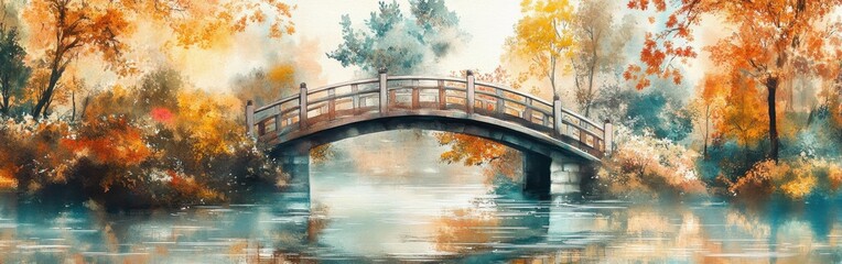 Poster - Watercolor painting of an arched bridge over calm water with colorful autumn trees in the background in an impressionistic style