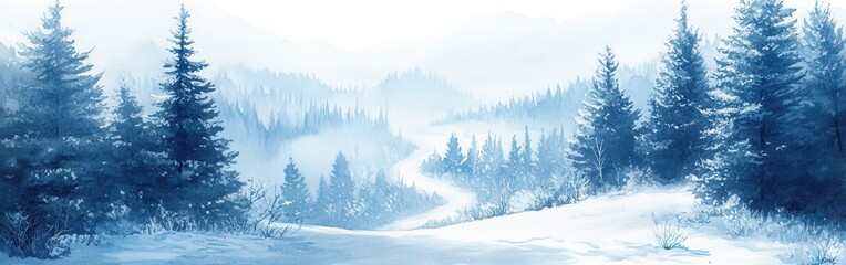Poster - Serene Watercolor Winter Landscape with Snow-Covered Mountains and Evergreen Forest in Blue Tones