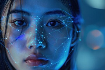 Aufkleber - Close-up portrait of a woman's face with a digital network overlay. Represents futuristic technology and facial recognition