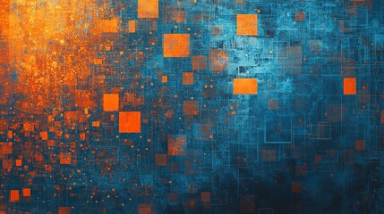 Poster - Abstract technology background with orange squares and blue digital circuit design art 