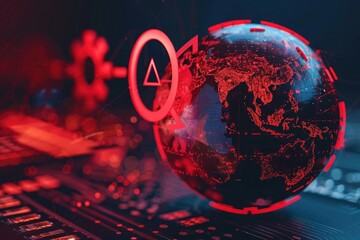 Fototapete - Red illuminated globe depicts a cyber attack, symbolizing global digital threat