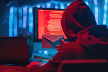 Poster - Cyberpunk Hacker in Red Hoodie Analyzing Data Late at Night