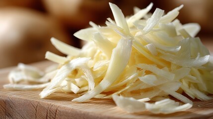 Poster - Freshly grated horseradish on a wooden board, highlighting its vibrant texture