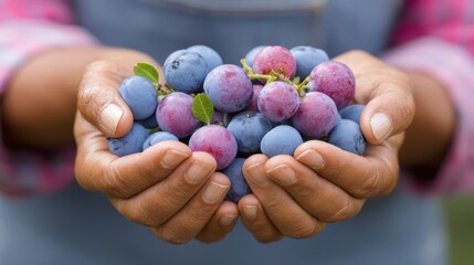 Poster - Hands lovingly cradle a bounty of freshly picked blueberries in warm outdoor light