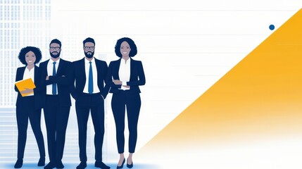 Poster - Professional diverse team of four standing confidently in a modern office setting, showcasing teamwork