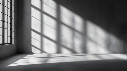 Poster - Sunlight Interior Shadows Cast by Window on Gray Concrete Wall and Floor Empty Room