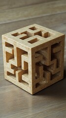 Poster - Wooden Maze Cube Puzzle Game with Interconnected Pathways on Neutral Wood Surface