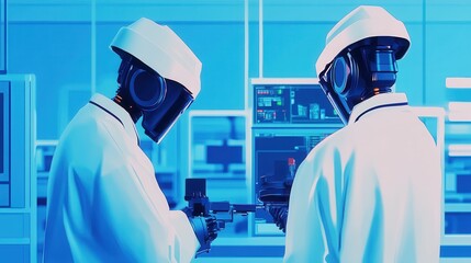 Aufkleber - Two humanoid robots in lab coats working on advanced technology in a futuristic laboratory setting