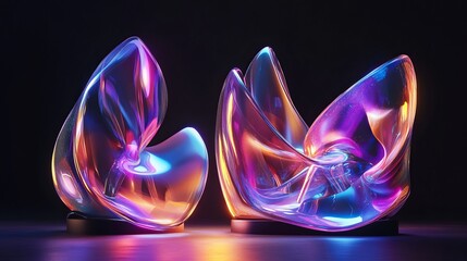 Poster - Iridescent sculptures reflecting light creating a vibrant display on a dark background scene art