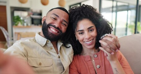 Poster - Couple, selfie and smile on face with sofa in home for memory with holding hands on web blog. Man, woman and lounge couch for photography, profile picture or happy for social media post in Colombia