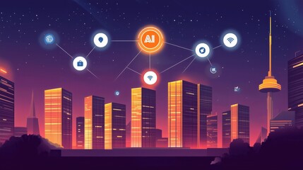 Wall Mural - city, night, sky, vector, illustration, moon, skyline, building, urban, cityscape, silhouette, light, star, town, architecture, house, stars, buildings, skyscraper, fireworks, design, dark, landscape,