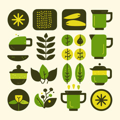 Fototapete - Geometric Tea Icons: A visually stunning illustration of a collection of tea-themed icons arranged with a clean and modern aesthetic, capturing the essence of tea culture with its artistic design.