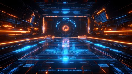 Poster - Abstract digital art depicting a futuristic, glowing technological scene with vibrant orange and blue lights, geometric shapes, and a central glowing orb.