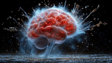 Poster - abstract 3d rendering of a brain splashing in water, with glowing particles. dark background.