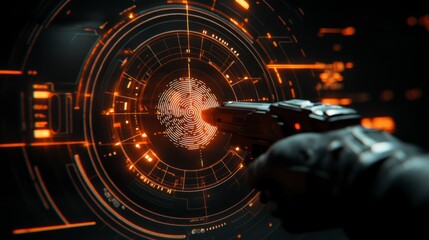 Poster - close up of a gloved hand aiming a futuristic firearm at a glowing circular interface with digital p