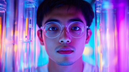 Poster - close up portrait of a young man with glasses, illuminated by vibrant purple and blue neon lights.