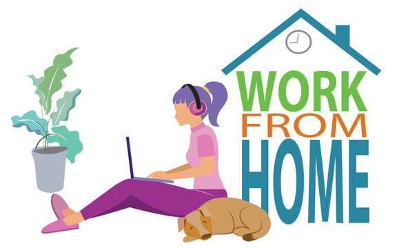  Work from Home lettering- Icon, Sign or Symbol. A girl sitting on floor at home  and working on laptop computer. stay at home, work from home concept