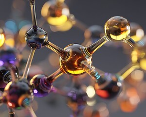 suspended chemical compound with bonds, surrounded by soft lighting effects.