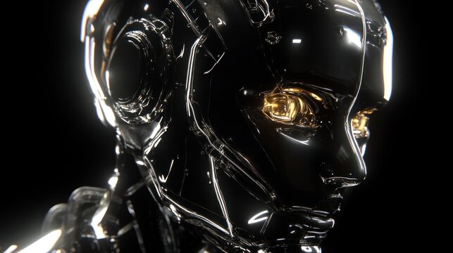Close-up futuristic robot head in dark studio