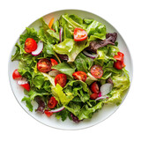 Fresh mixed salad with cherry tomatoes and leafy greens displayed on a white plate, of plate of salad top view isolated on solid Transparent background