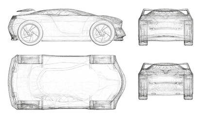 Poster - A car is shown in four different views, with the front and back views showing the wheels and the side view showing the car's body. The car is a futuristic design, with a sleek and aerodynamic shape
