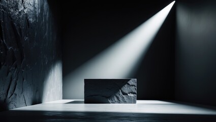 Aufkleber - Studio room with dark black background featuring a light beam from above for product showcase. Backdrop design with floor and wall elements. Podium with stone surface texture.