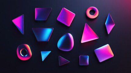 Fototapete - Colorful neon gradient shapes create a vivid display on a glossy black background with striking reflections and depth