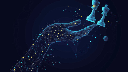 Poster - Space Themed Abstract Hand Holding Chess Pieces in a Starry Sky Universe, Vector Illustration for Business Strategy, Creativity, and Innovation