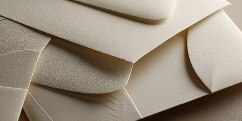 Poster - Close-up of beige textured paper envelopes, layered to create depth and visual interest, showcasing a minimalist and elegant design, ideal for branding or stationery mockups